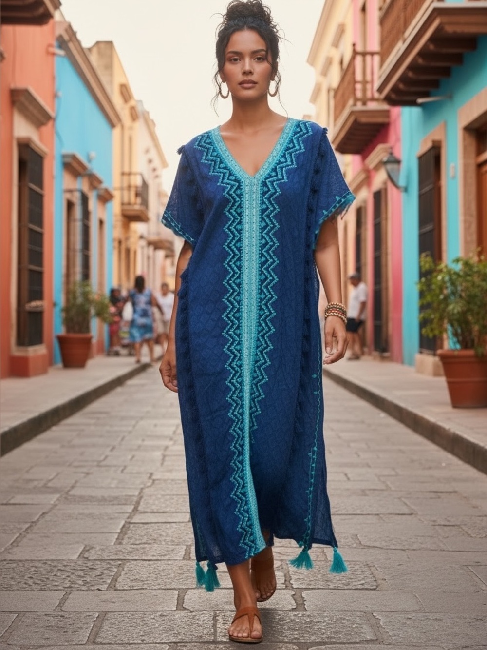 Boho Embroidered V-Neck Navy Dress with Turquoise Trim s